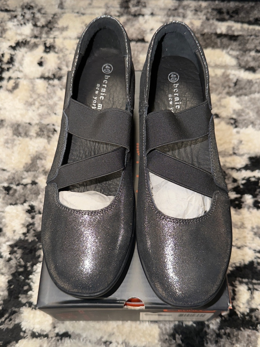 bernie mev. Black Metallic Mary Jane Flats with Elastic Cross Straps